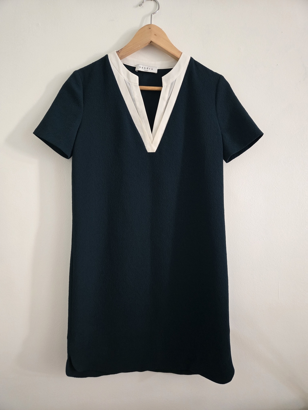 Sandro Green Mini Dress with White V-Neck Trim